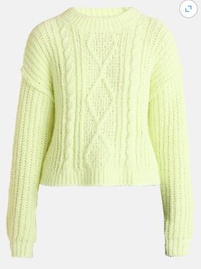 No Boundaries Neon Lime Cable-Knit Crew Sweater